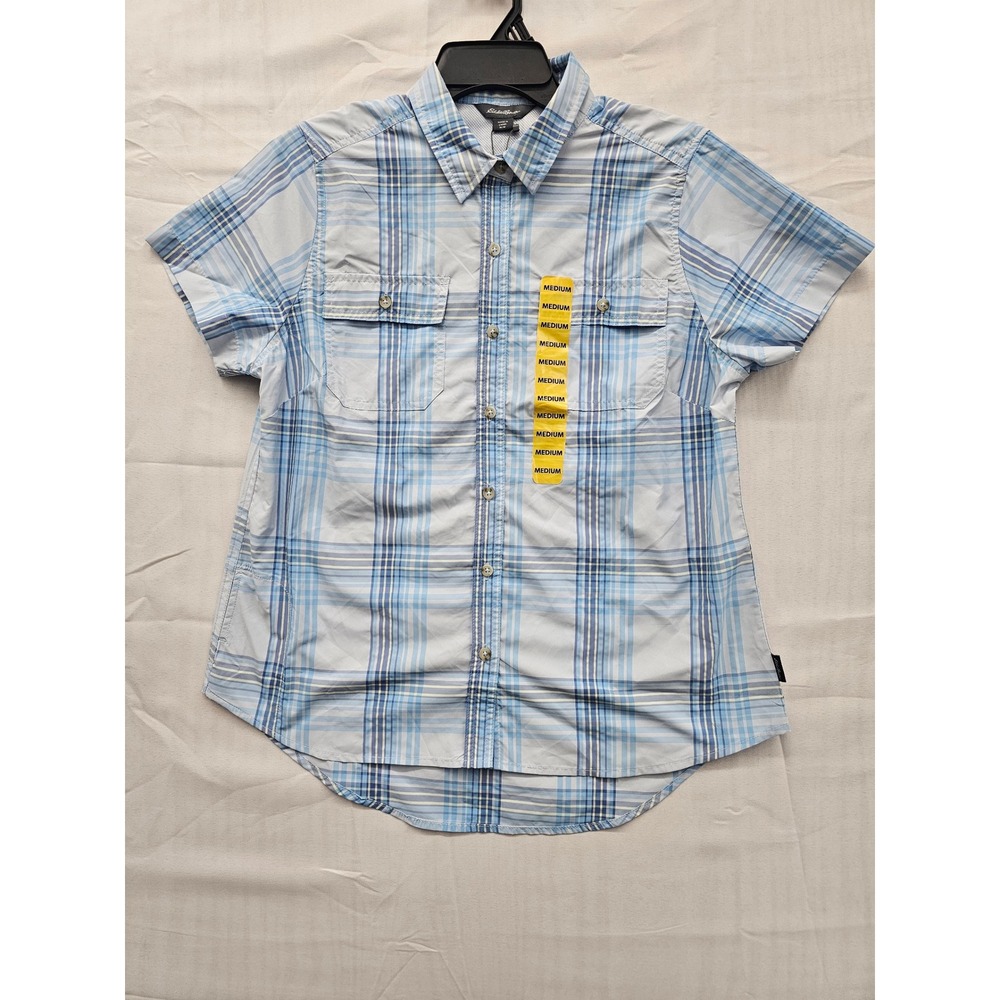 Eddie Bauer Adventure Shirt Womens Medium Blue Plaid UPF 50 Moisture Wicking NEW